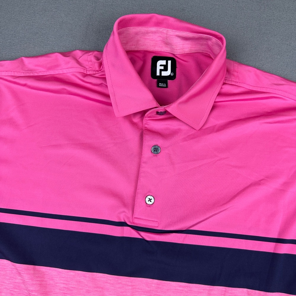 FootJoy Mens XL Pink Navy Stripe Short Sleeve Golf Polo Performance Shirt